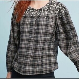 Anthropologie Akemi + Kin plaid flannel embellished pearl top M